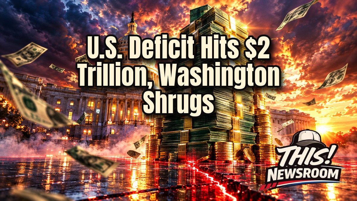 Cinematic illustration of the US budget deficit, a glowing $2 trillion stack of cash in front of the Capitol dome at sunset