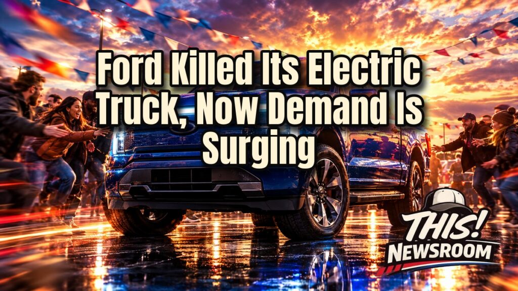 Used Ford F-150 Lightning electric pickup parked on a dealer lot at golden hour with a For Sale sign