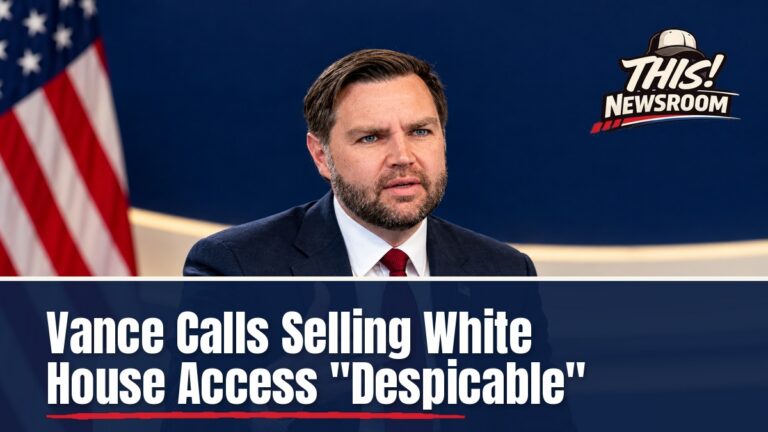 Vance selling access remarks at a CBS town hall: a vice president on a stage facing a moderator and a studio audience