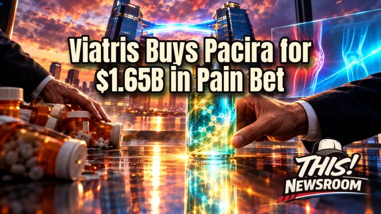 Cinematic illustration of a Viatris and Pacira handshake over glowing pain-relief vials, illustrating the Viatris Pacira deal