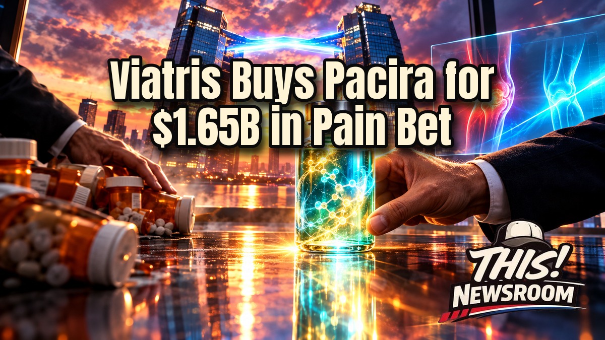 Cinematic illustration of a Viatris and Pacira handshake over glowing pain-relief vials, illustrating the Viatris Pacira deal