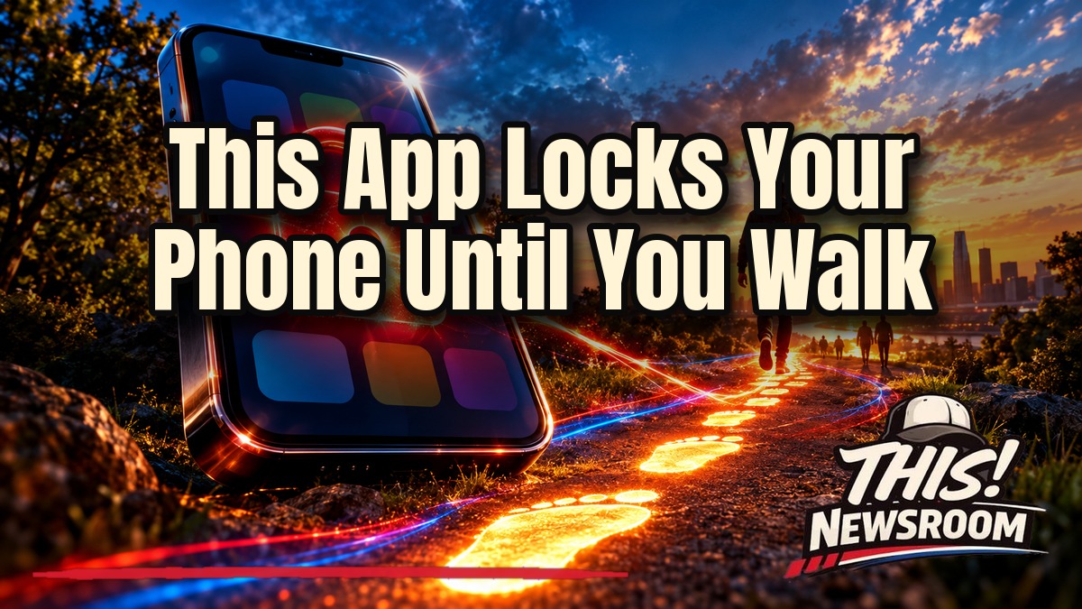 WeWard Walking Mode app locking social media icons on a phone while a walker heads down a sunset trail