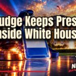 White House media ban blocked as a judge's gavel rests before the White House and a press pass