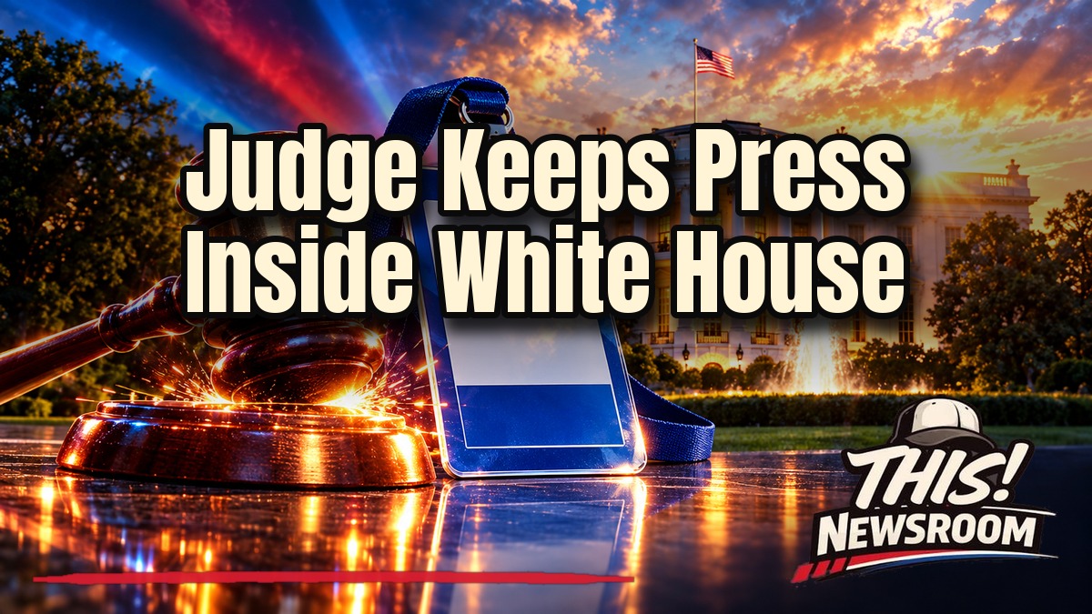 White House media ban blocked as a judge's gavel rests before the White House and a press pass