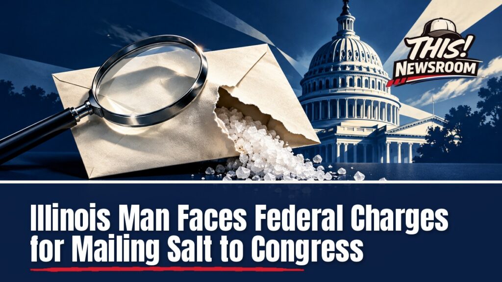 Editorial illustration of a sealed envelope with spilled white powder in front of the U.S. Capitol dome, white powder letters case
