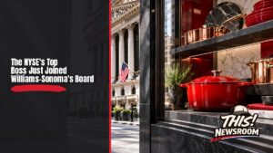 Williams-Sonoma board appointment: a bright modern kitchen showroom beside the New York Stock Exchange building