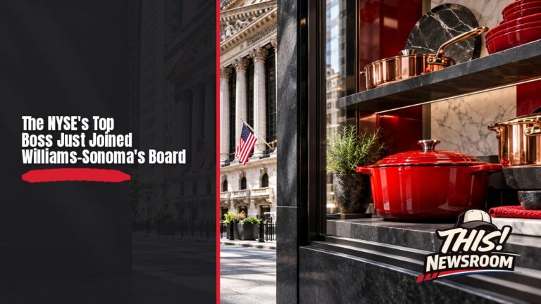 Williams-Sonoma board appointment: a bright modern kitchen showroom beside the New York Stock Exchange building