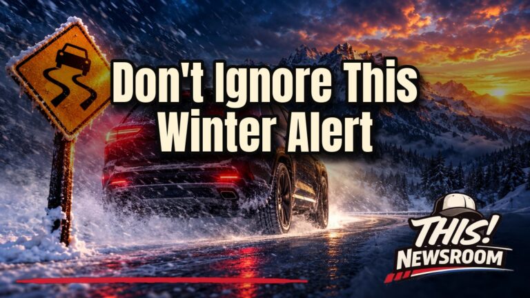 Snowy mountain road in a winter weather advisory with slick conditions and falling snow at dusk