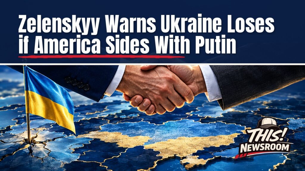 Editorial illustration of a Ukrainian flag and a U.S. flag split by a cracked line over a map of Eastern Europe, for the Zelenskyy warning on U.S. support for Russia