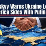 Editorial illustration of a Ukrainian flag and a U.S. flag split by a cracked line over a map of Eastern Europe, for the Zelenskyy warning on U.S. support for Russia