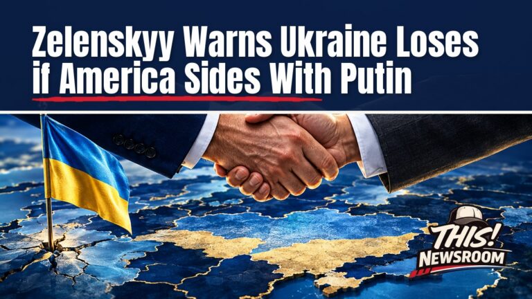Editorial illustration of a Ukrainian flag and a U.S. flag split by a cracked line over a map of Eastern Europe, for the Zelenskyy warning on U.S. support for Russia